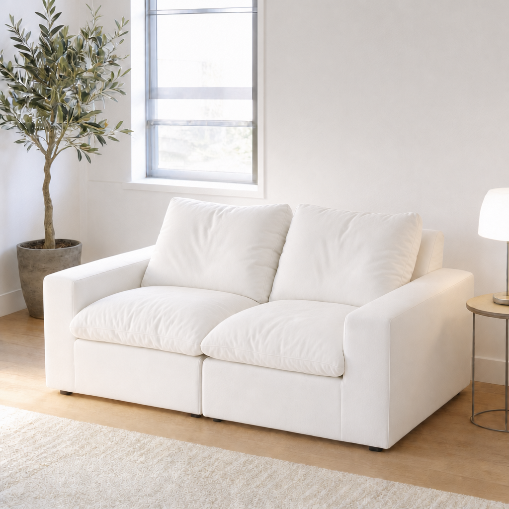 2 Seat SkyLux Cloud Couch in White, smooth linen-blend fabric, front view