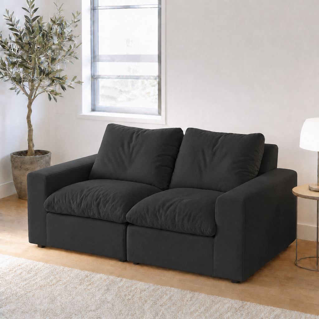 2 Seat SkyLux Cloud Couch in Black, smooth linen-blend fabric, front view