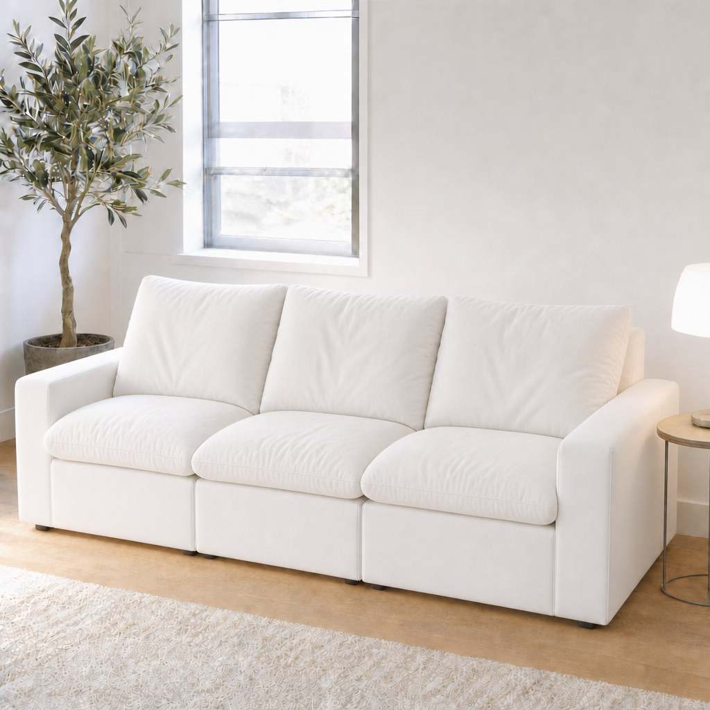 3 Seat SkyLux Cloud Couch in White, smooth linen-blend fabric, front view