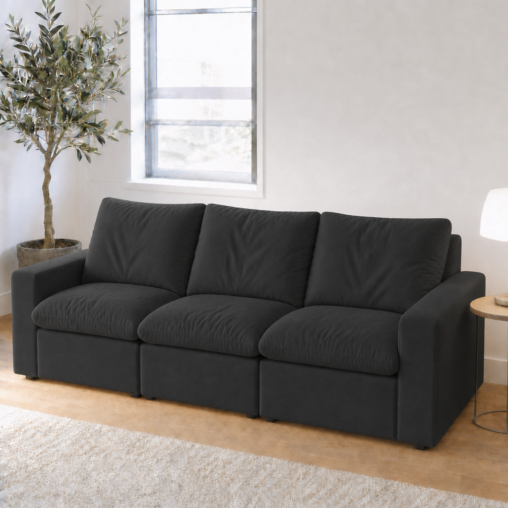 3 Seat SkyLux Cloud Couch in Black, smooth linen-blend fabric, front view