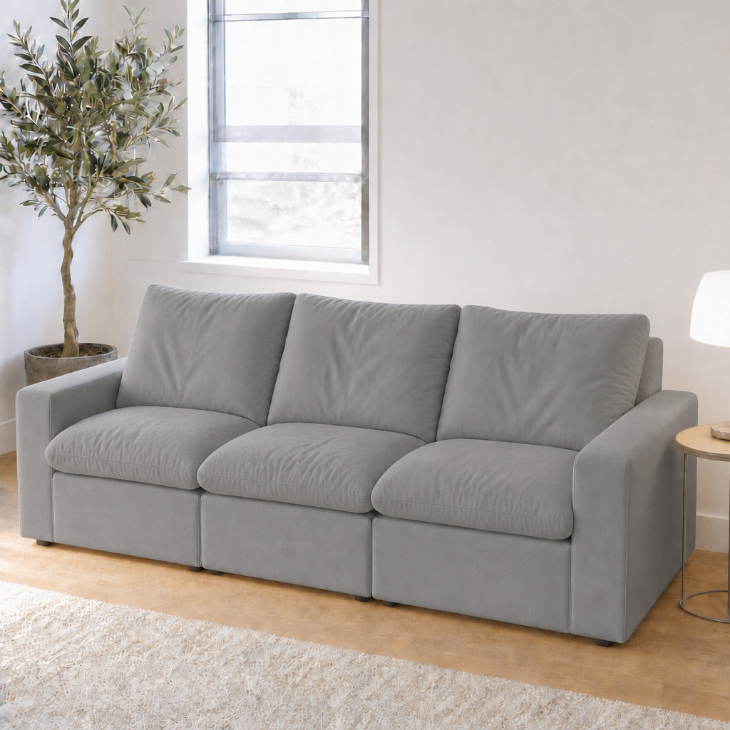3 Seat SkyLux Cloud Couch in Light Grey, smooth linen-blend fabric, front view