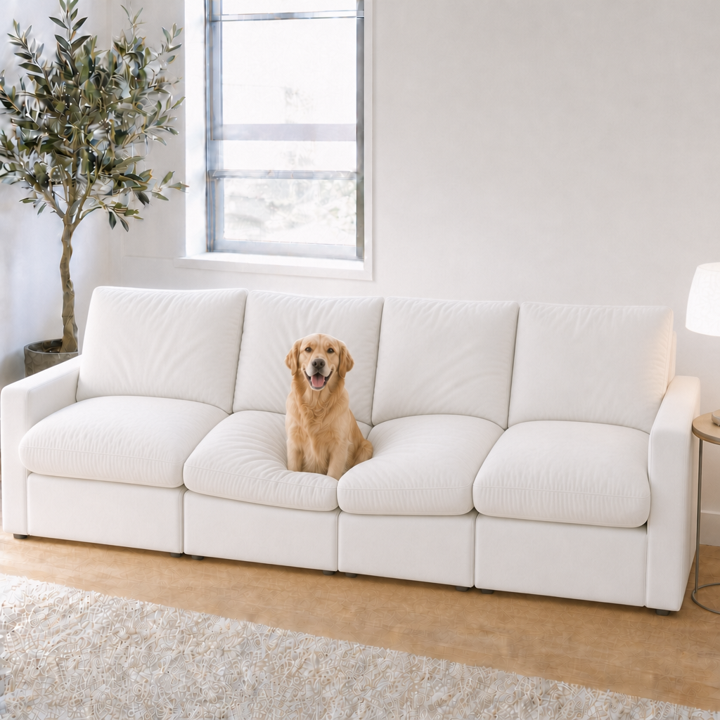 4 Seat SkyLux Cloud Couch in White with golden retriever relaxing on cushion