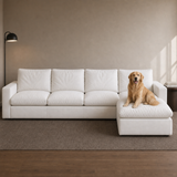 4 Seat SkyLux Drift Cloud Couch in White — four seats with ottoman chaise, golden retriever on the ottoman
