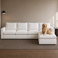 4 Seat SkyLux Drift Cloud Couch in White — four seats with ottoman chaise, golden retriever on the ottoman