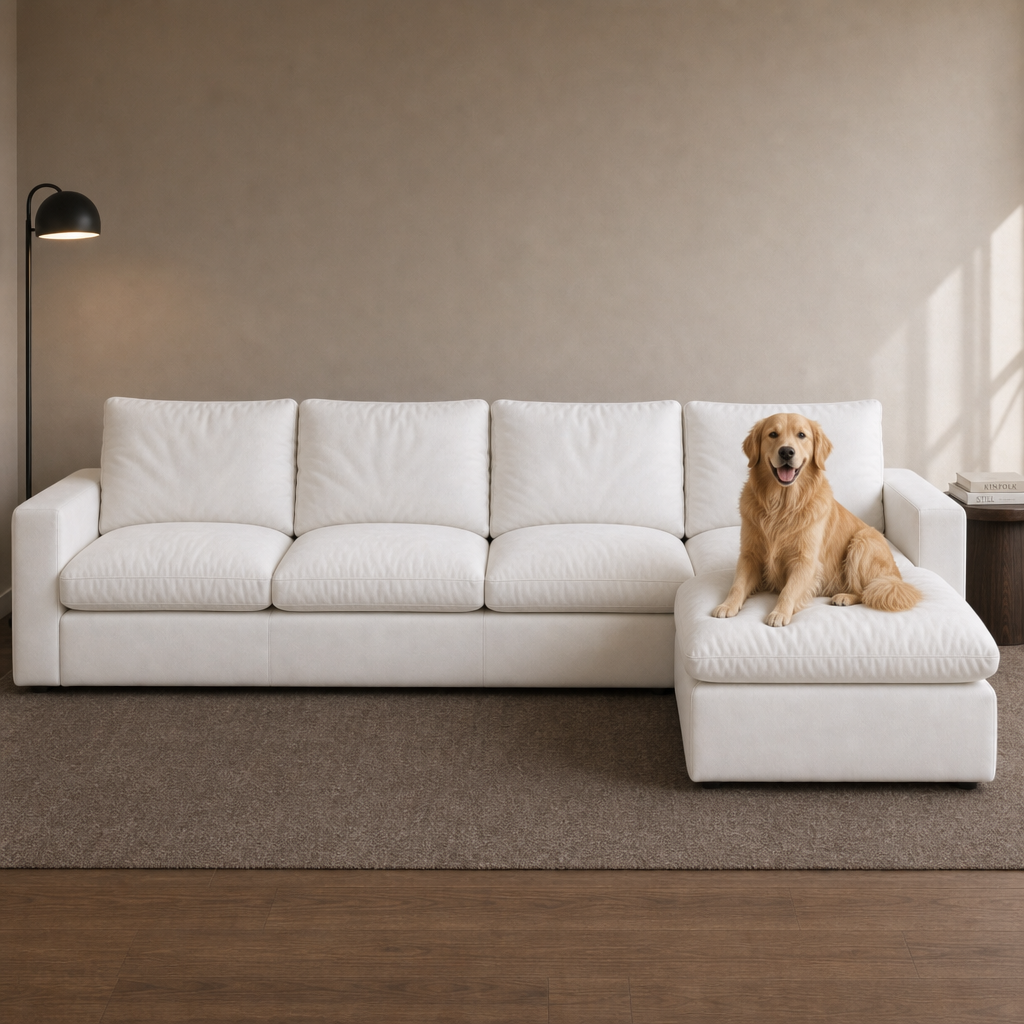 4 Seat SkyLux Drift Cloud Couch in White — four seats with ottoman chaise, golden retriever on the ottoman