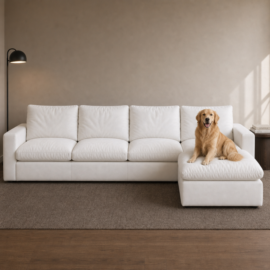 4 Seat SkyLux Drift Cloud Couch in White — four seats with ottoman chaise, golden retriever on the ottoman