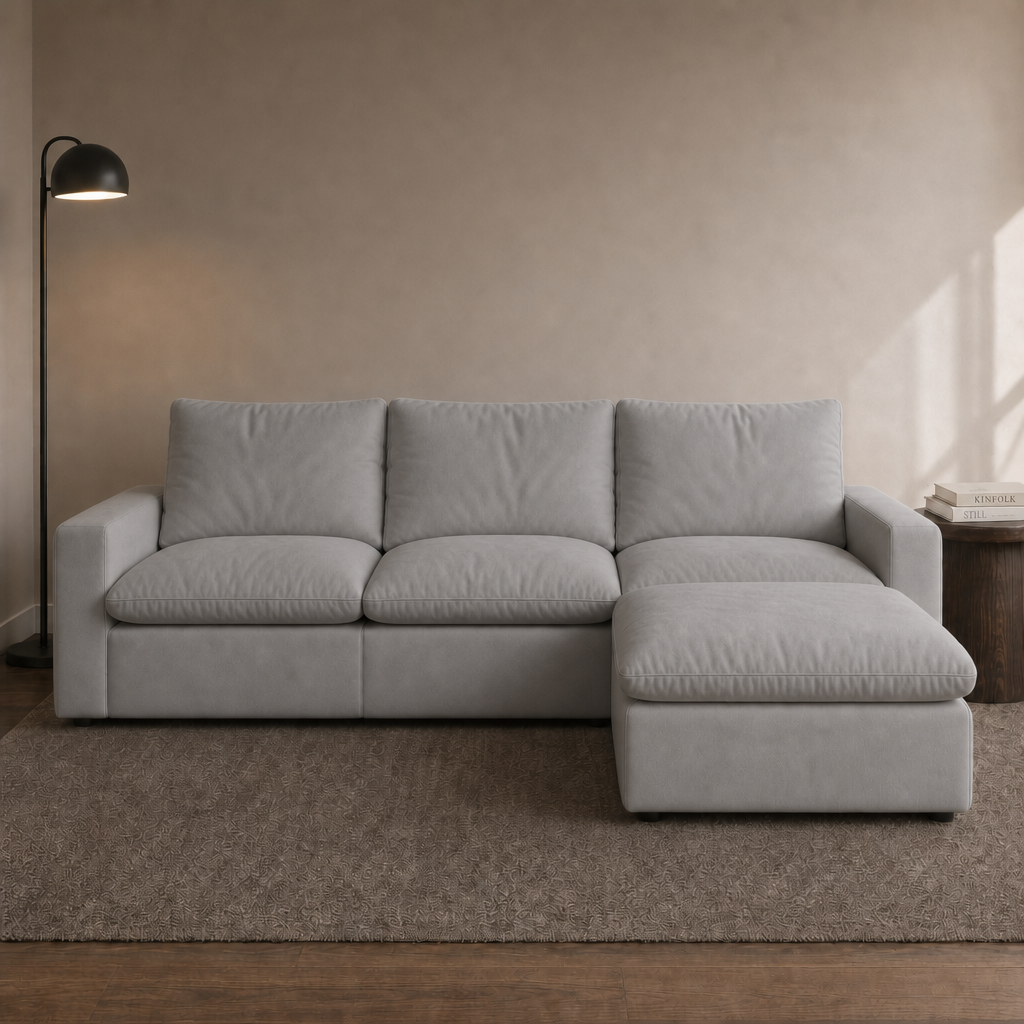 3 Seat SkyLux Drift Cloud Couch in Light Grey — three seats with ottoman chaise