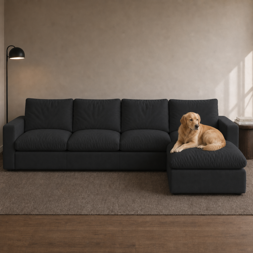 4 Seat SkyLux Drift Cloud Couch in Black — four seats with ottoman chaise, golden retriever curled on the ottoman