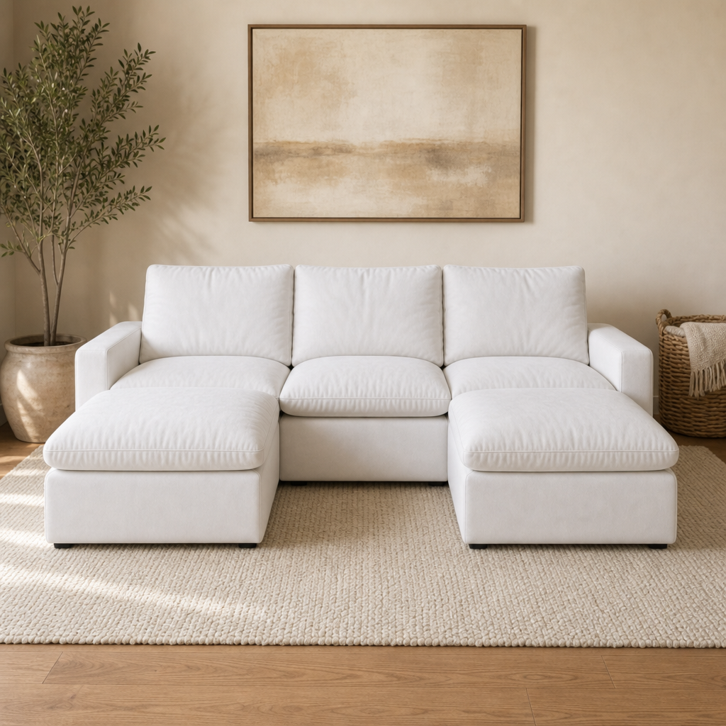 3 Seat SkyLux Lounge Cloud Couch in White — U-shape with ottoman chaise on both ends