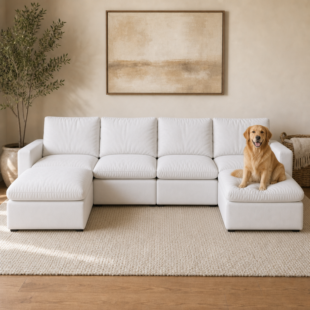 4 Seat SkyLux Lounge Cloud Couch in White — U-shape with ottoman chaise on both ends, golden retriever on the right ottoman