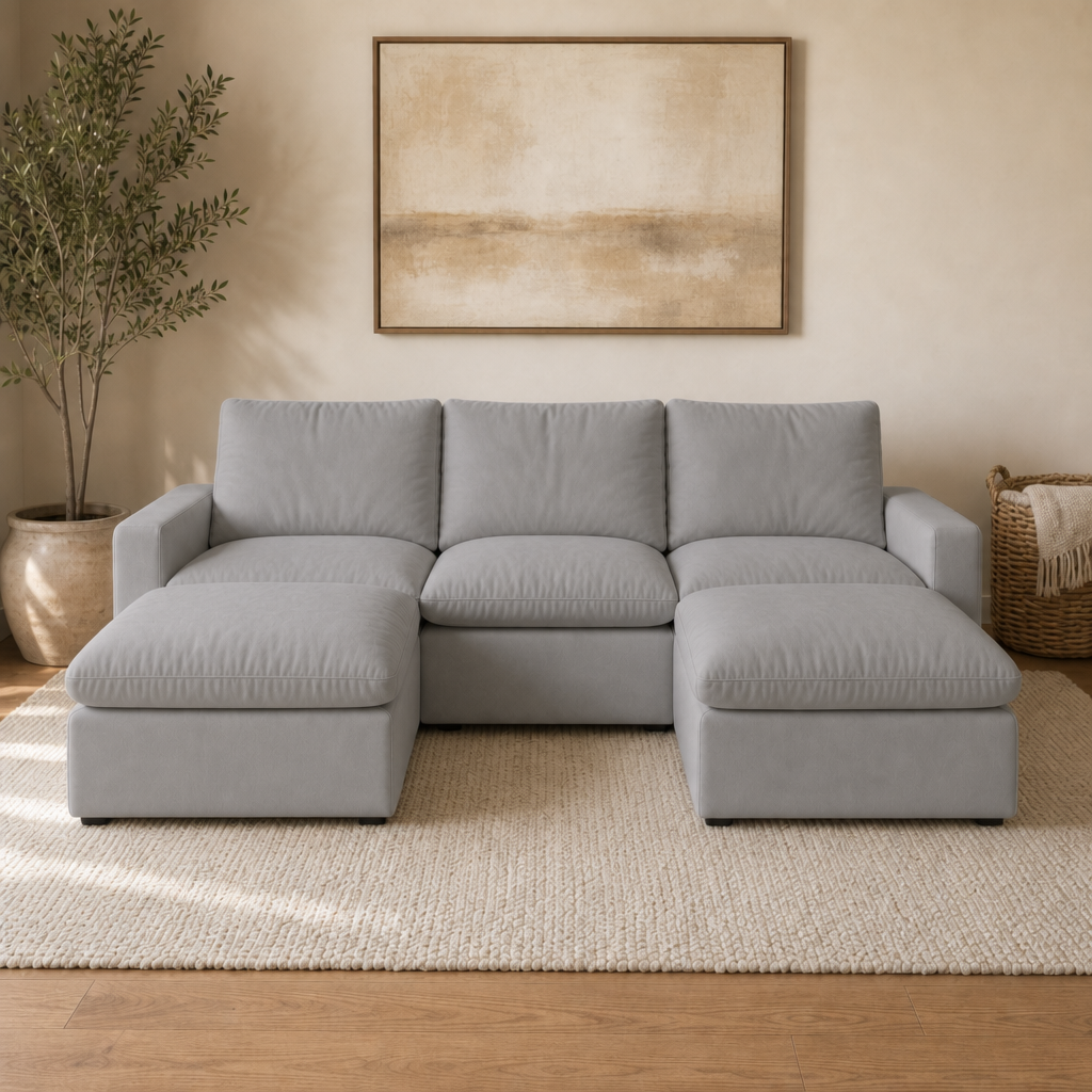 3 Seat SkyLux Lounge Cloud Couch in Light Grey — U-shape with ottoman chaise on both ends