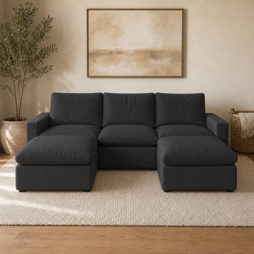 3 Seat SkyLux Lounge Cloud Couch in Black — U-shape with ottoman chaise on both ends