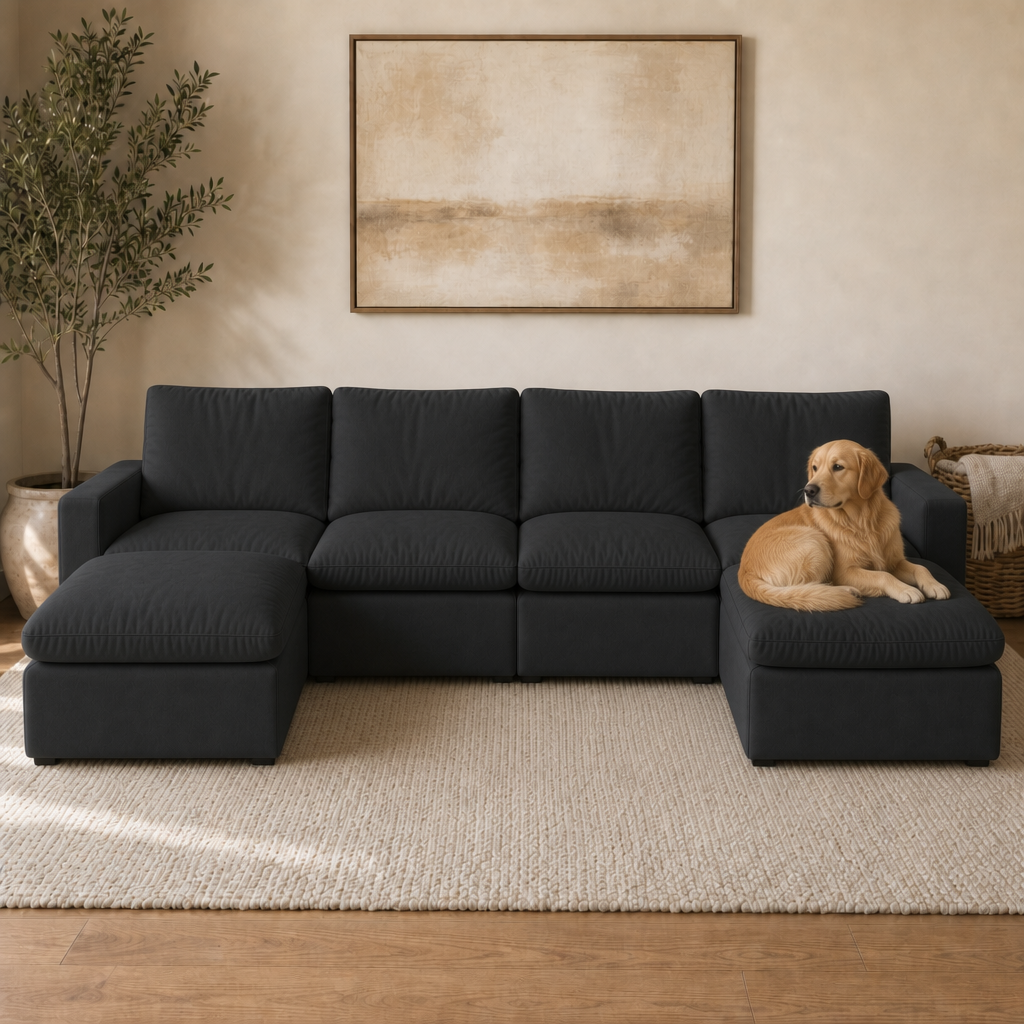 4 Seat SkyLux Lounge Cloud Couch in Black — U-shape with ottoman chaise on both ends, golden retriever curled on the right ottoman