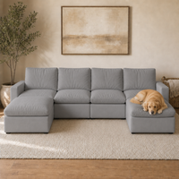 4 Seat SkyLux Lounge Cloud Couch in Light Grey — U-shape with ottoman chaise on both ends, golden retriever lying on the right ottoman