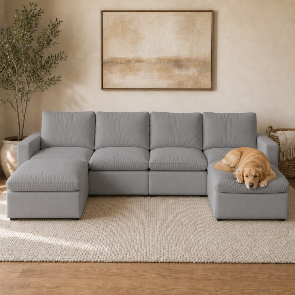 4 Seat SkyLux Lounge Cloud Couch in Light Grey — U-shape with ottoman chaise on both ends, golden retriever lying on the right ottoman