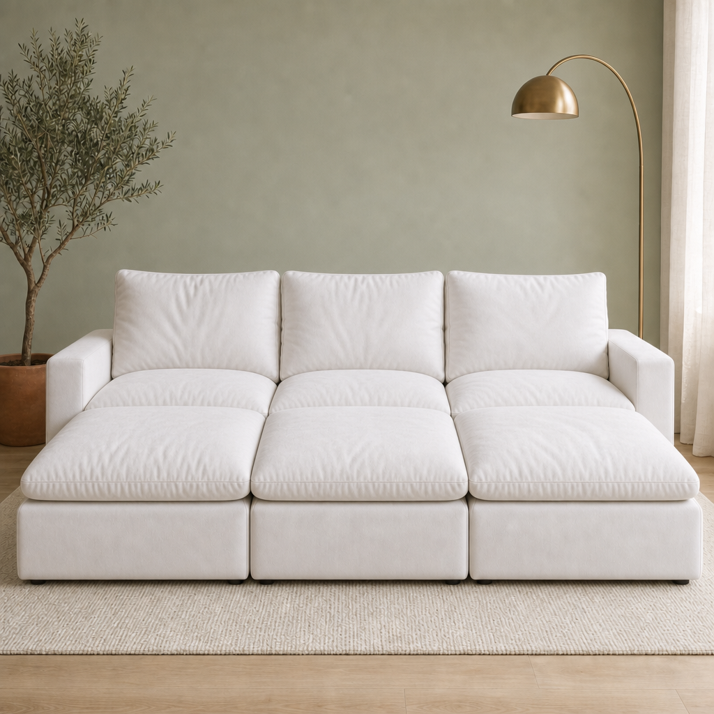 3 Seat SkyLux Nest Cloud Couch in White — three seats each with its own ottoman forming a continuous platform