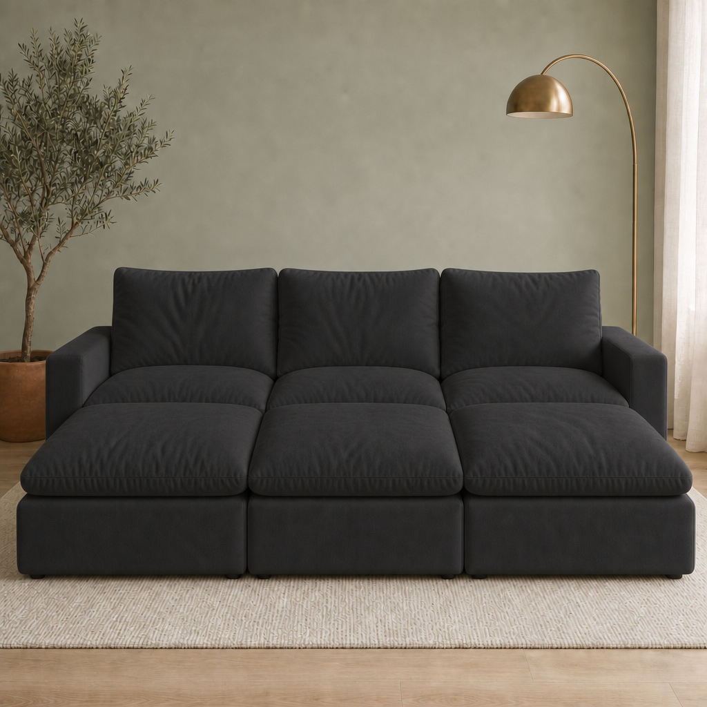 3 Seat SkyLux Nest Cloud Couch in Black — three seats each with its own ottoman forming a continuous platform