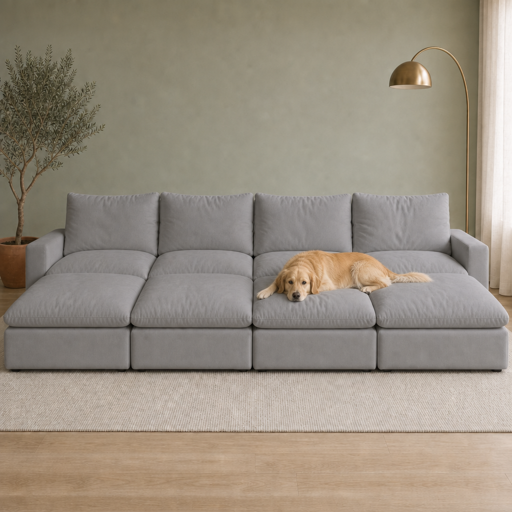 4 Seat SkyLux Nest Cloud Couch in Light Grey — four seats each with its own ottoman forming a continuous platform, golden retriever lying on the platform