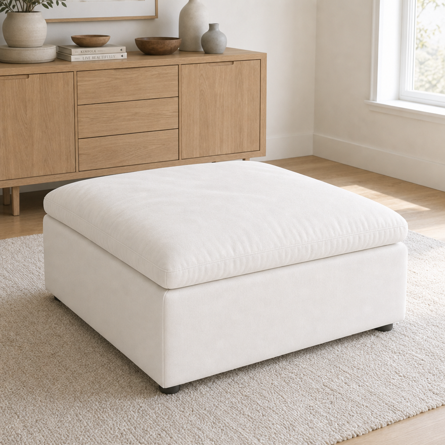SkyLux Storage Ottoman in White — closed, full-size square module with round legs