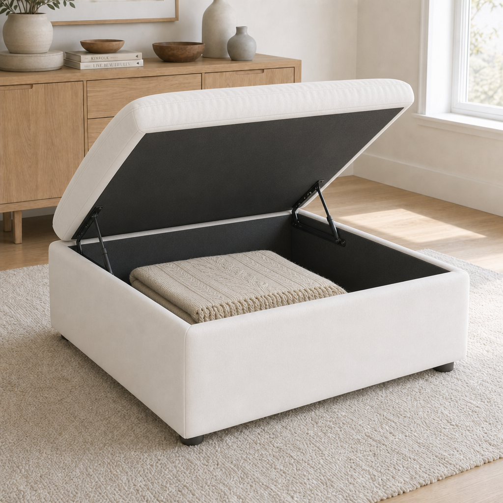 SkyLux Storage Ottoman in White — lid open showing interior storage compartment
