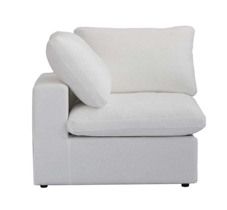 SkyLux Corner / Edge Module in White, side view showing the low arm profile and seat depth